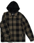 The front view of a hooded flannel jacket with two front chest patch pockets and two side pockets at the waist. Each front chest patch pocket and the cuffs of the sleeves have a metal snap. The flannel is olive and black. The hood is solid black.