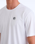 Front side view of a white polyester water resistant short sleeve Low Key Surf Shirt with a small I P D logo over the heart.