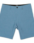 front view of mens carter hydrid walkshort in banjo blue - has belt loops along waistband and black button for closure along with small ipd circular logo on left leg hem