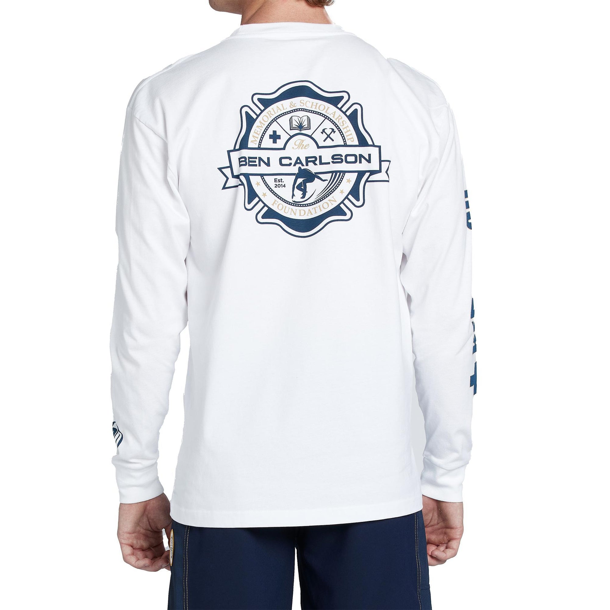 white - rear view of mens ben carlson long sleeve tee showing large rear logo of ben carlson memorial and scholarship foundation logo