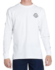 model wearing mens long sleeve ben carlson shirt in white. small ben carlson memorial and scholarship foundation logo on left chest 