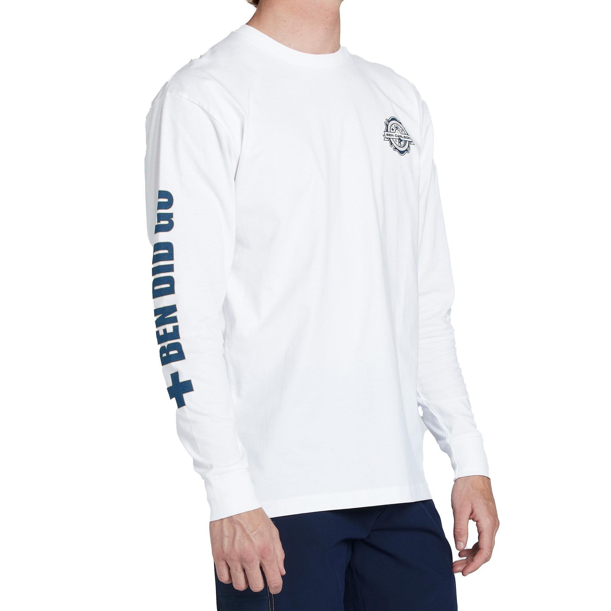 side view of the mens ben carlson long sleeve tee in white showing "Ben Did Go" on right arm 