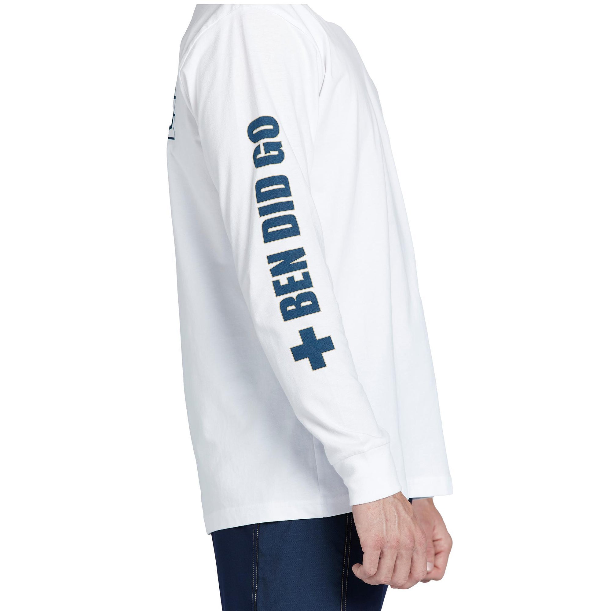 "Ben Did Go" on right arm of mens ben carlson long sleeve tee in white
