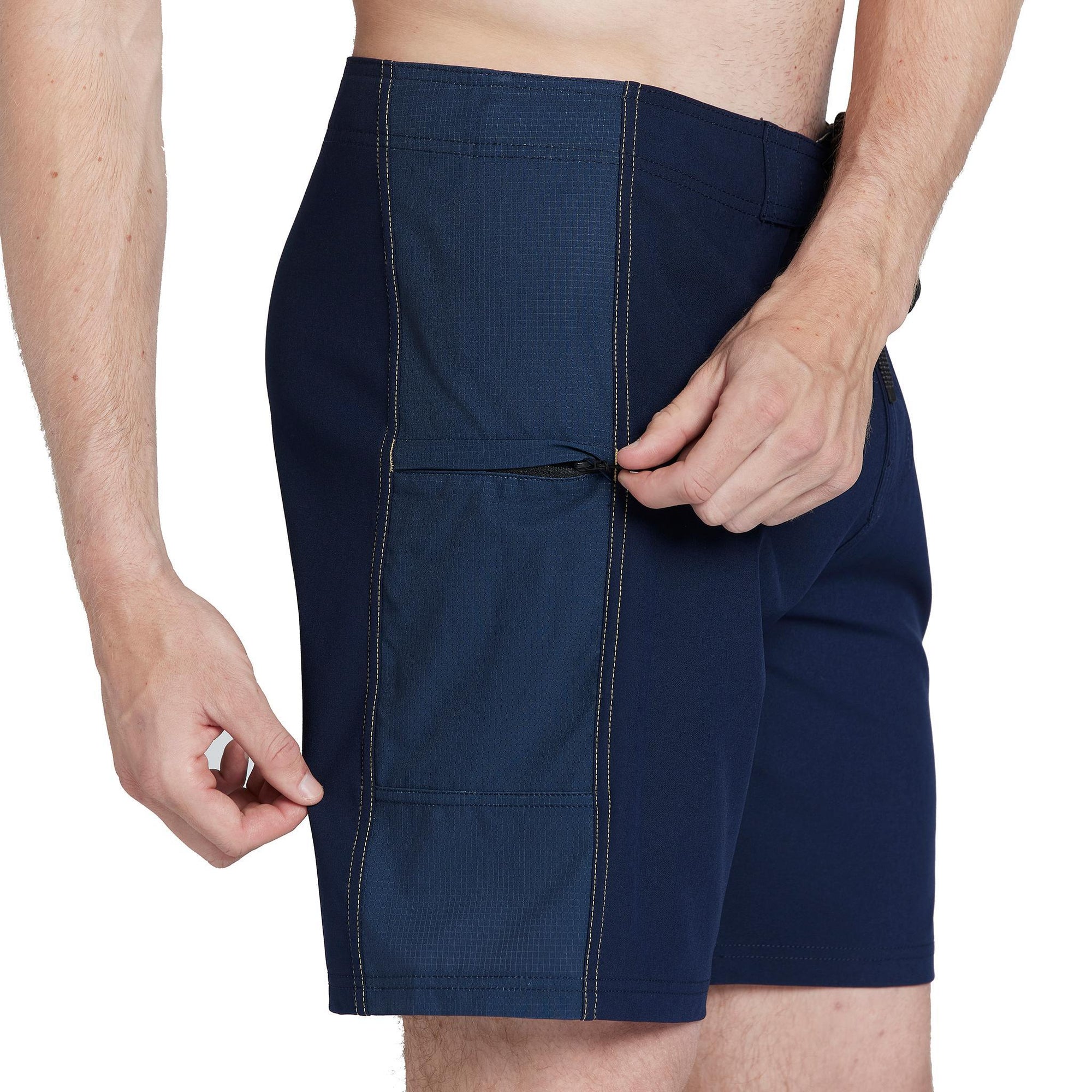 side view of mens ben carlson eject 18.5" straight in navy showing side pocket between yellow stitching 