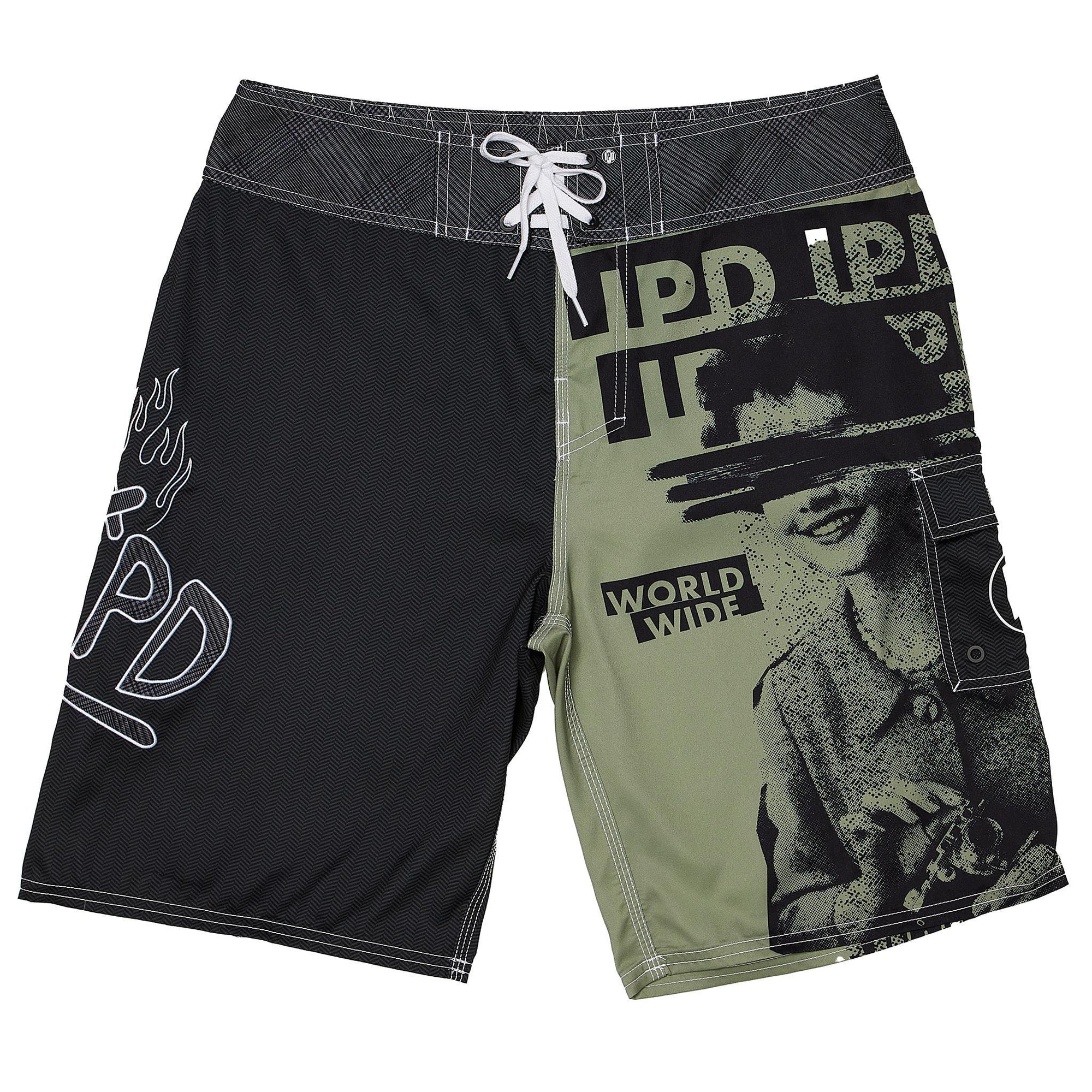 front view of mens faceplant y2k fit 22" boardshort in black showing large IPD on right leg and full  graphic covering left leg of women surrounded by IPD logos 
