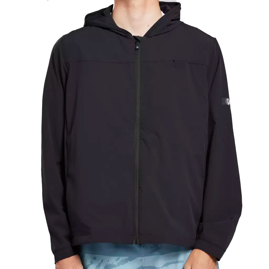 Black hooded full zip water repellent jacket front view.