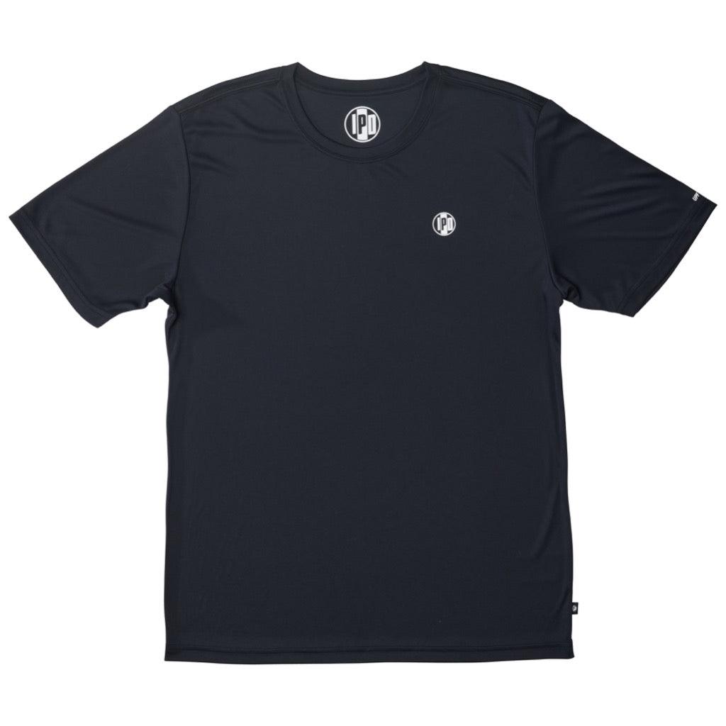 Front view of a black polyester water resistant short sleeve Low Key Surf Shirt with a small I P D logo over the heart.