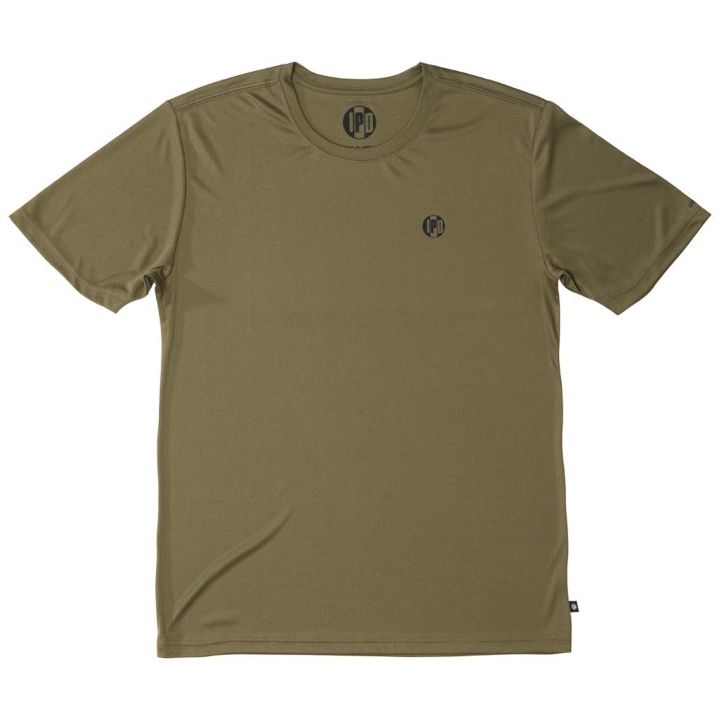 Front view of an olive green polyester water resistant short sleeve Low Key Surf Shirt with a small I P D logo over the heart.