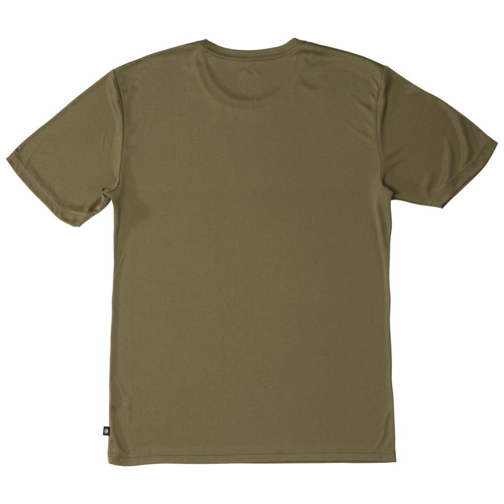 Back of an olive green polyester water resistant short sleeve Low Key Surf Shirt.