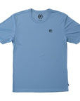 Front view of a light blue polyester water resistant short sleeve Low Key Surf Shirt with a small I P D logo over the heart.