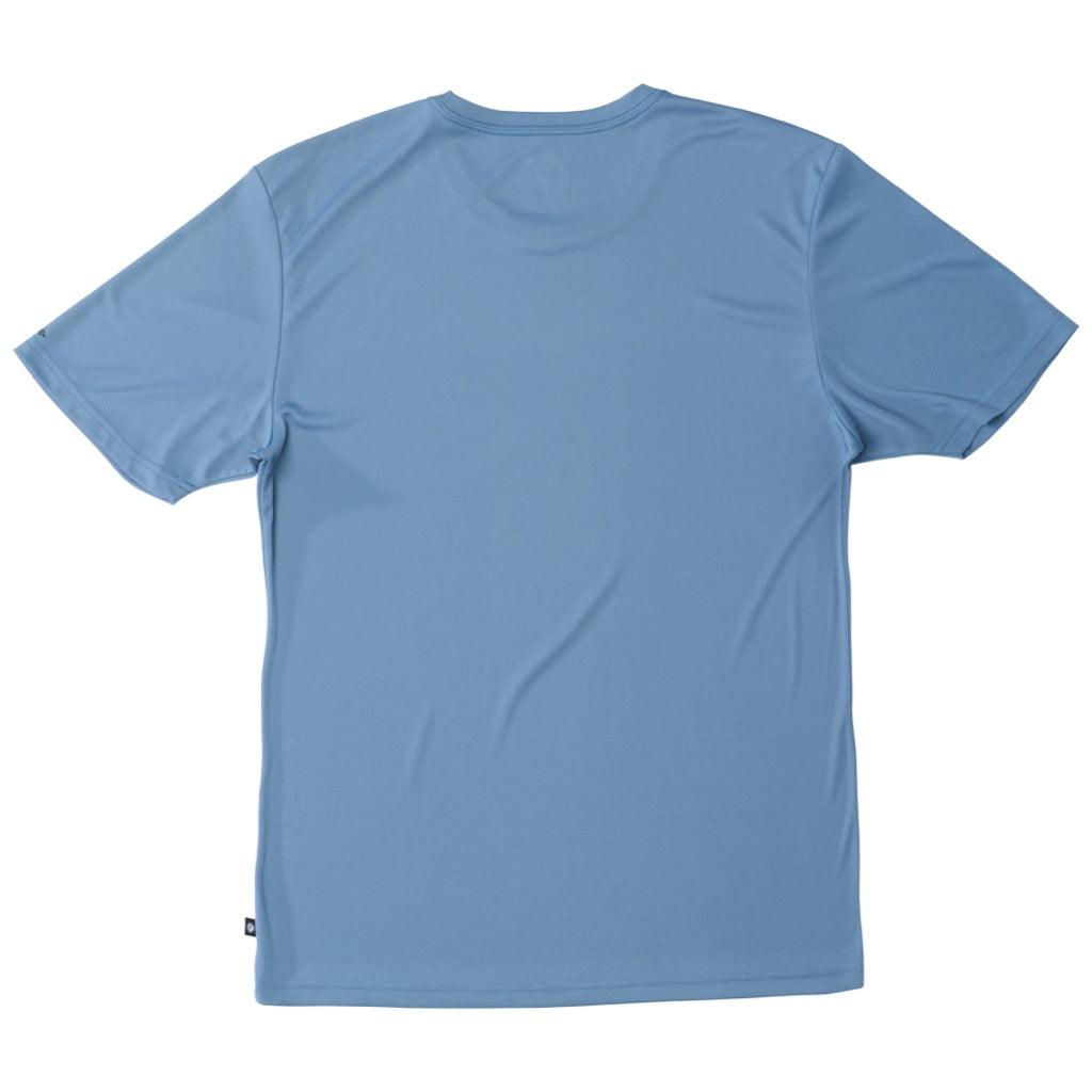 Back of a light blue polyester water resistant short sleeve Low Key Surf Shirt.