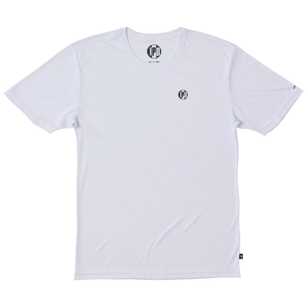 Front view of a white polyester water resistant short sleeve Low Key Surf Shirt with a small I P D logo over the heart.