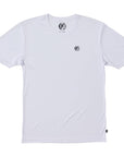 Front view of a white polyester water resistant short sleeve Low Key Surf Shirt with a small I P D logo over the heart.