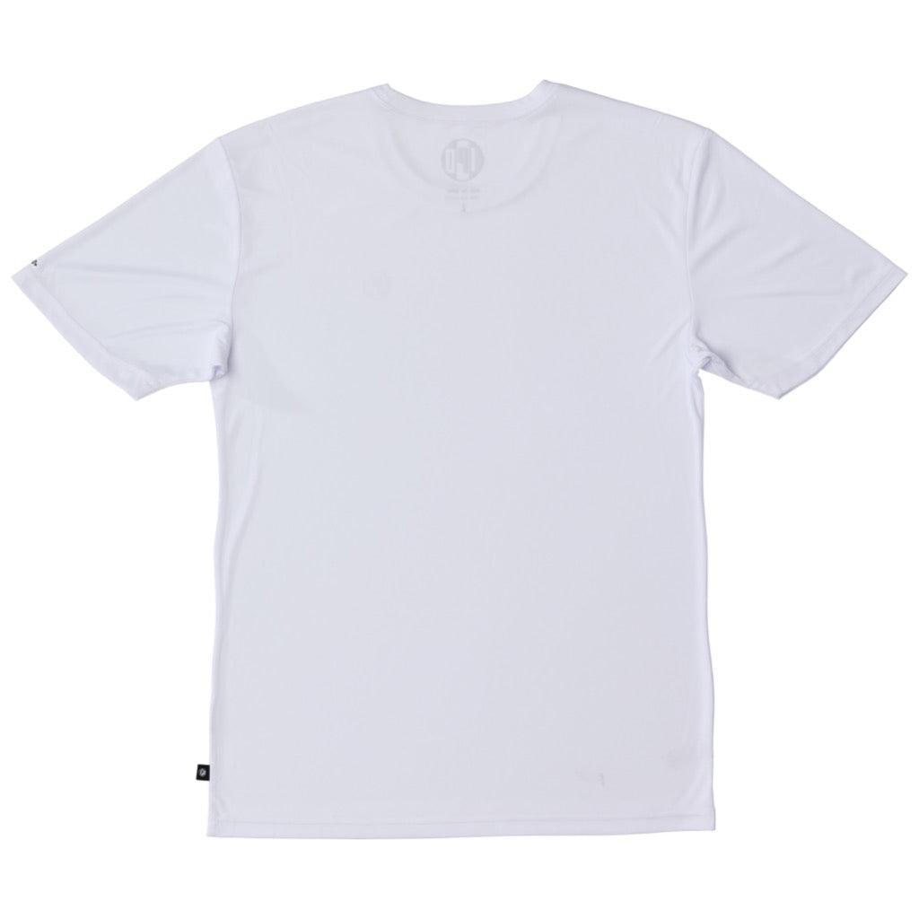 Back of a white polyester water resistant short sleeve Low Key Surf Shirt.