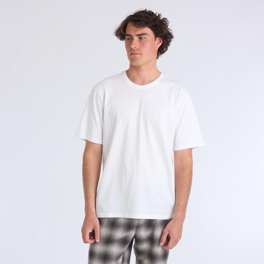 model wearing mens foundation super soft tee in white showing plain white front 