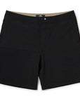 Front of solid black shorts with double button snap closure on the waist.